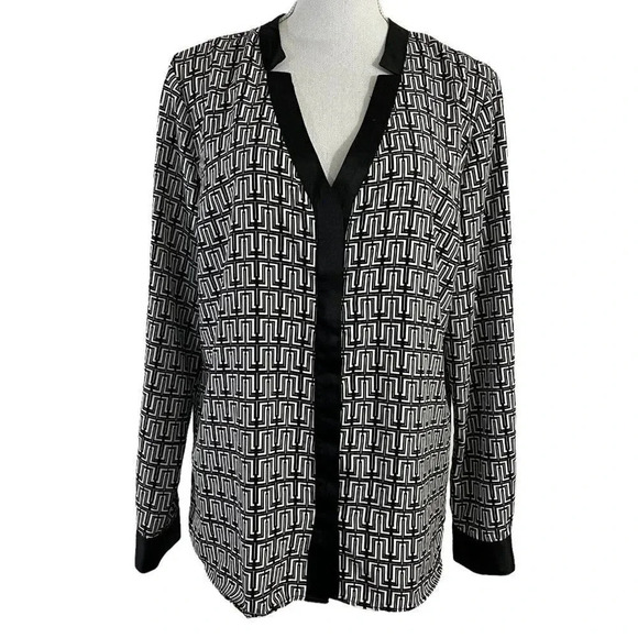 Ellen Tracy Black and White Button Up Shirt Blouse Large Zig Zag Striped Stripes - Picture 1 of 9